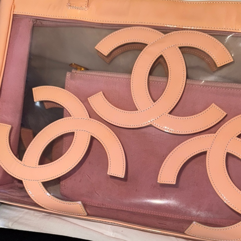 Chanel Pink Transparent Tote with Iconic CC Logos Vintage 90s XL Peachy Pink - Picture 6 of 7